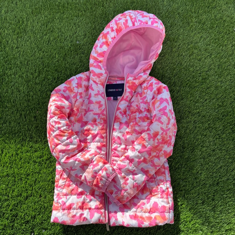 Limited Too Girls 6X Puffer Jacket Pink Butterfly Hooded Coat Zip AS IS